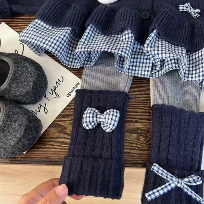 Korean style girls' clothing  new autumn collection: preppy plaid cardigan sweater with bow detail and scrunch socks/leggings set