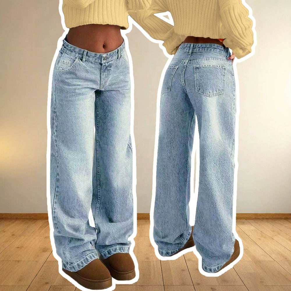 European and american style women's light blue high-waisted straight-leg jeans - vintage washed, basic, casual, long, and floor-sweeping denim pants