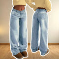 European and american style women's light blue high-waisted straight-leg jeans - vintage washed, basic, casual, long, and floor-sweeping denim pants