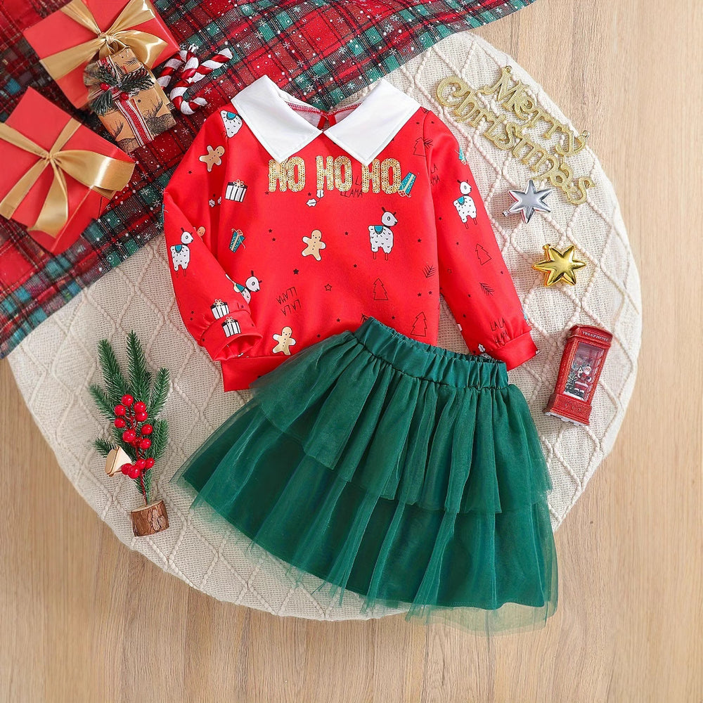 kidssuit red lapel sweatshirt cartoon printing two-layer gauze cake skirt festival girl skirt two pieces