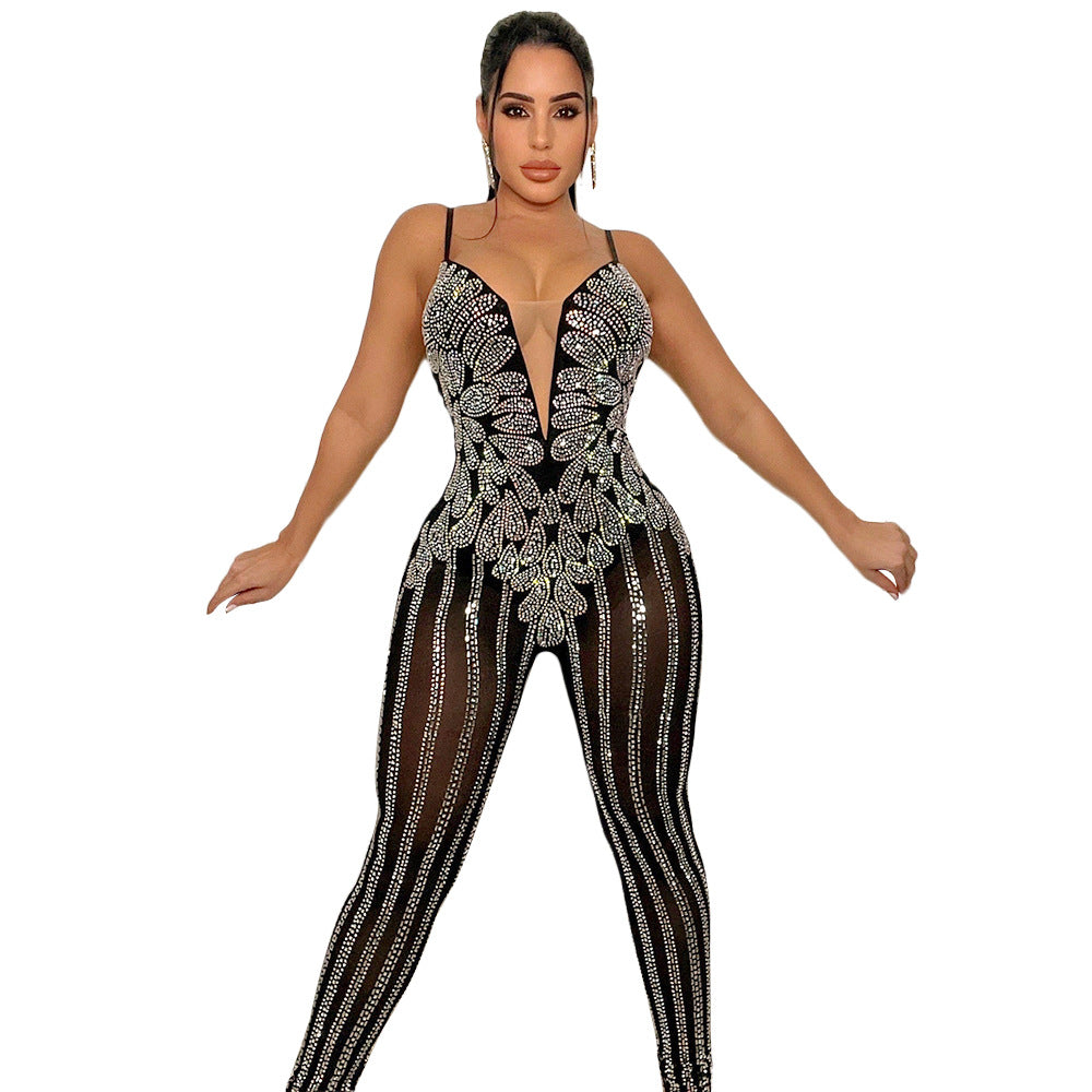 S390350  Cross-border Foreign Trade Fashion Sexy Mesh Perspective Hot Diamond Sleeveless Suspender Jumpsuit Women