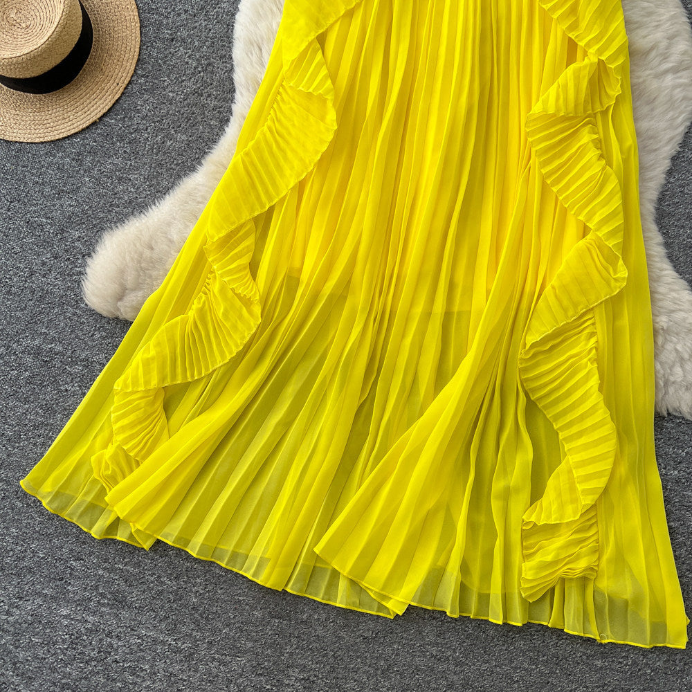 Vacation-ready yellow tube top sexy dress for women, featuring a ruffled halter neck design, a unique and stylish french-inspired long dress perfect for summer