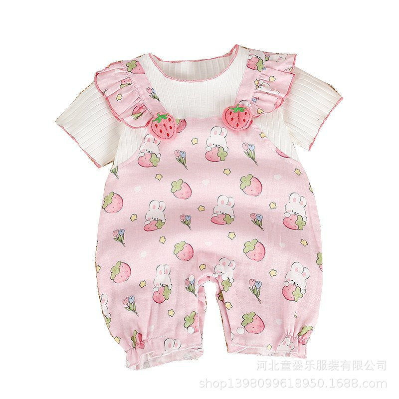 Baby girl summer short-sleeve strawberry romper - faux two-piece infant bodysuit - newborn outfit