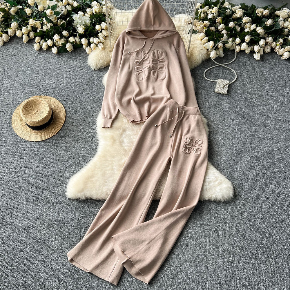 Lazy style casualsuit women's stereo texture printingpullover hooded knittingsweatshirthigh waistloose pantspants
