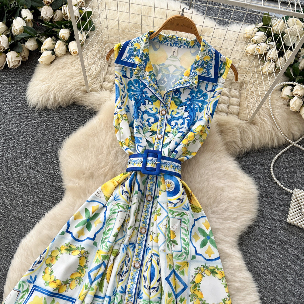 Vacation style sleeveless lapel printingdress female summer k-style strap waist a-line long skirt eleganceelegant