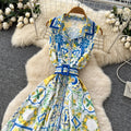 Vacation style sleeveless lapel printingdress female summer k-style strap waist a-line long skirt eleganceelegant