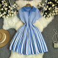 Exportfrenchcontrast colorretro lapel short sleeve stripesknittingdress women's waist elegantslimming looka-line skirt