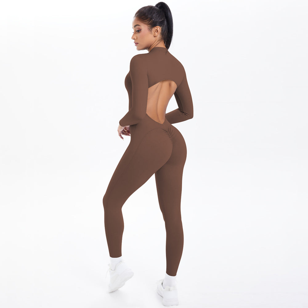 Half-zip, back-smoothing, butt-lifting yoga bodysuit. long, one-piece design for outdoor leisure, running, and fitness activities. women's activewear