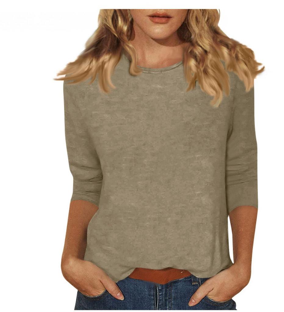 new women's crew neck t-shirt with 3/4 sleeves - solid color top for cross-border  sales