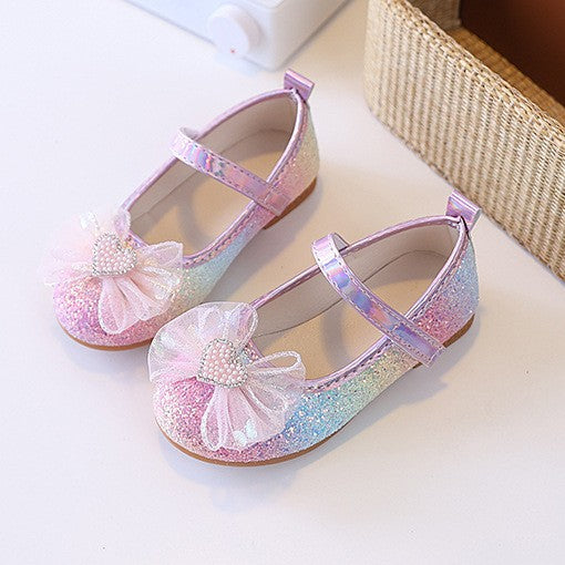 Gradient glitter girls' princess shoes - spring/autumn soft sole baby flats with pearl butterfly bow - children's crystal dress shoes
