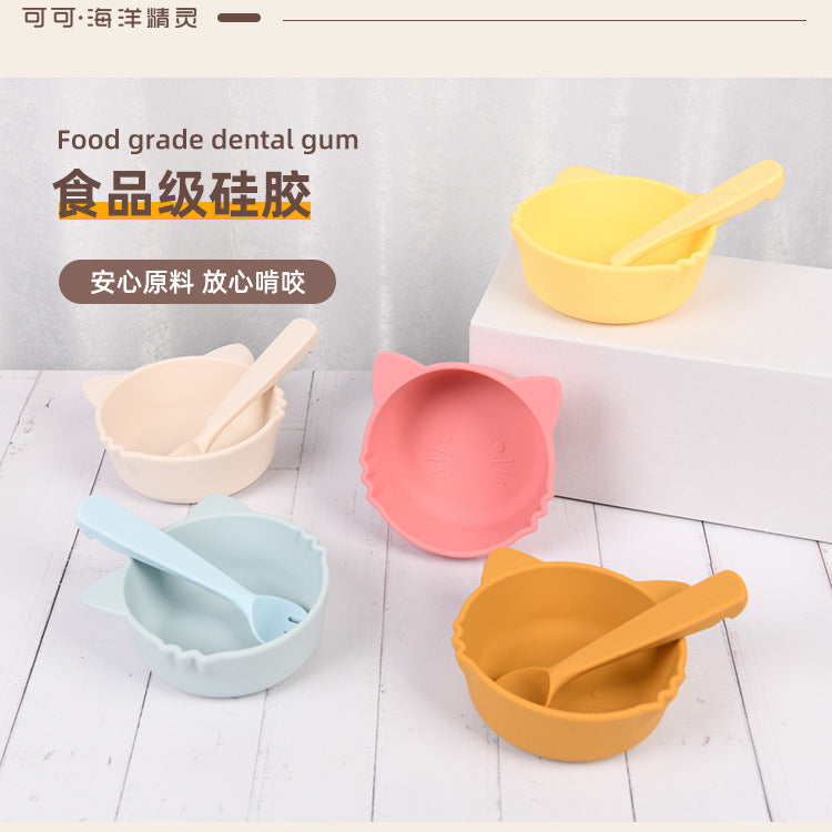 Cartoon kitten silicone fork and spoon dinner plate, baby food grade silicone feeding tableware, non-slip and anti-dirty tableware set