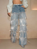 European and american style women's multi-layer silver rhinestone tassel embellished light blue washed high-waisted wide-leg mop-length denim pants