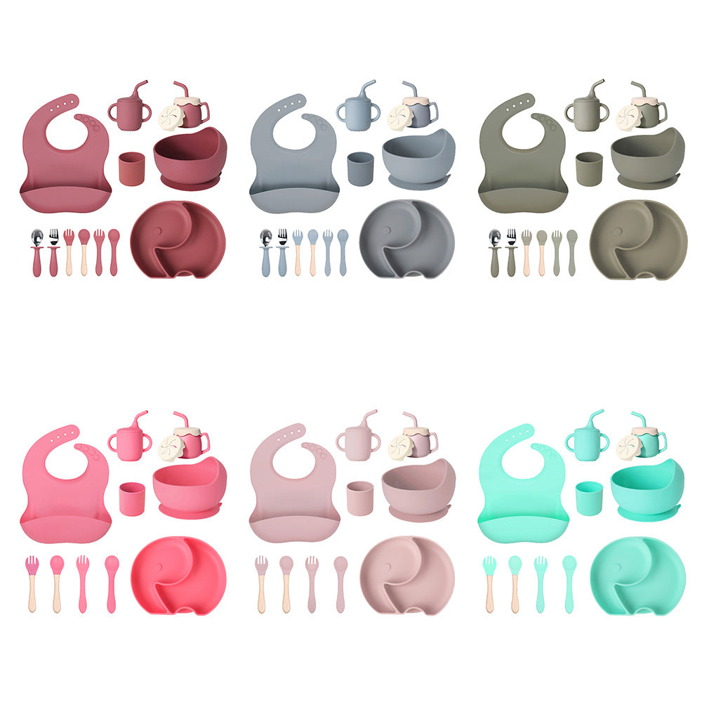 Cross-border baby silicone grid plate two-color plate with lid children's gift silicon feeding tableware set