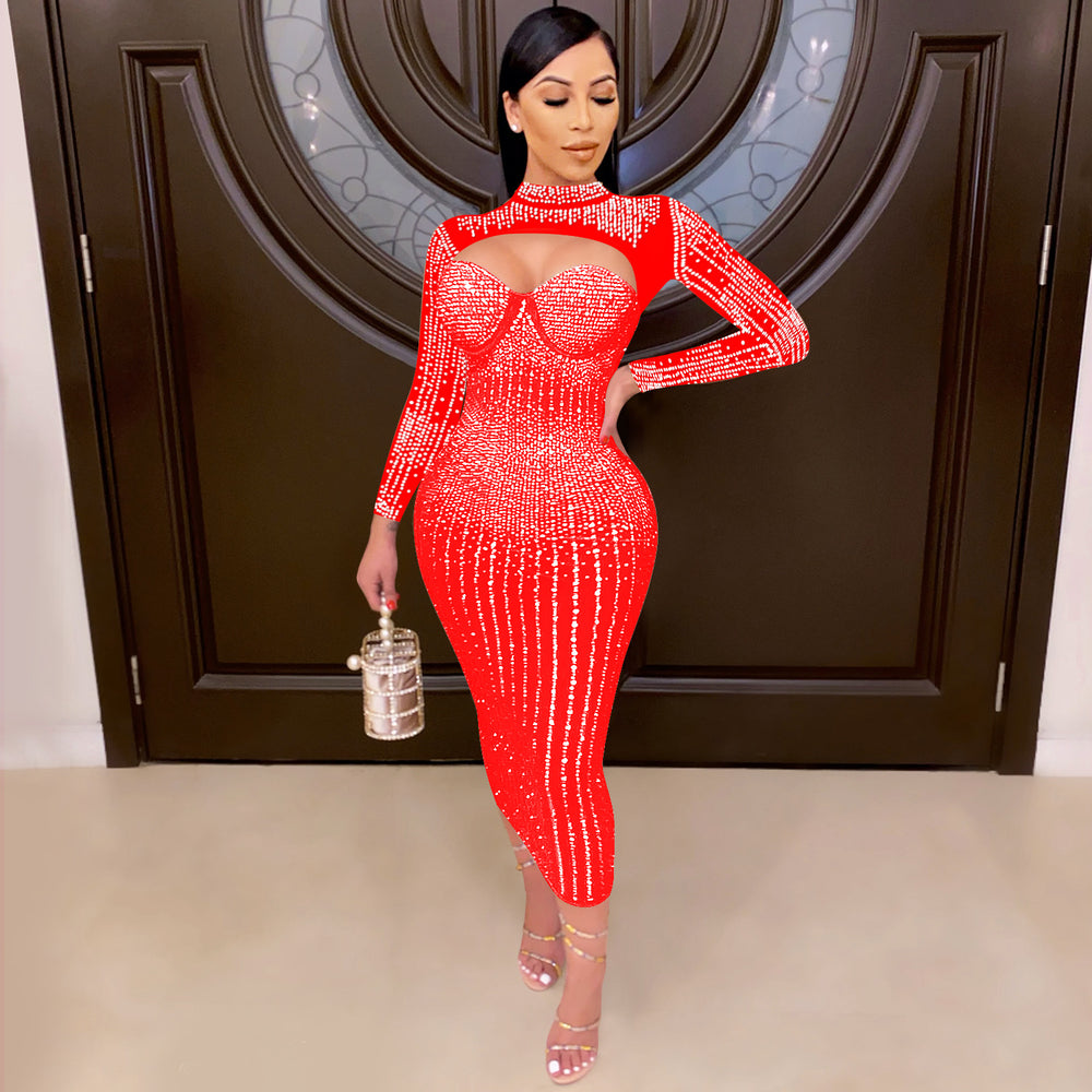 C5842 cross-border new arrival: european and american fashion women's party nightclub mesh see-through rhinestone embellished strappy dress