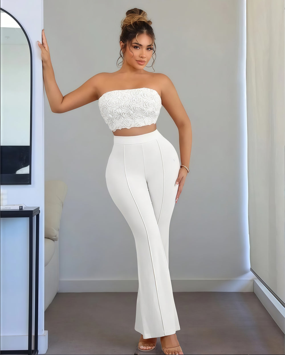 European and american cross-border women's fashion  summer new arrival: solid color exquisite small floral bandeau top and flared leggings two-piece set