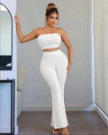 European and american cross-border women's fashion  summer new arrival: solid color exquisite small floral bandeau top and flared leggings two-piece set