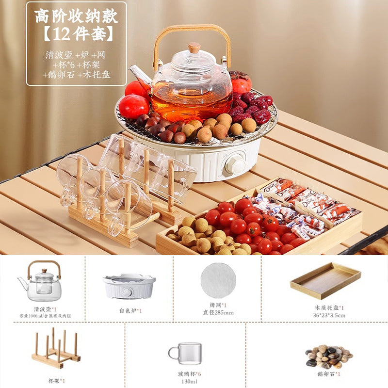 Electric ceramic stove tea set - complete tea brewing kit for home use: includes glass teapot, electric oven, tea cups, fruit plate, and tea accessories