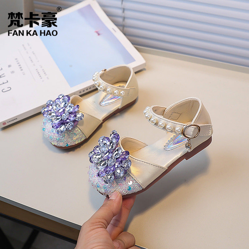 Vancahao niche design girls' rhinestone princess shoes,  spring/autumn new collection, kids' fashion pearl-embellished closed-toe sandals
