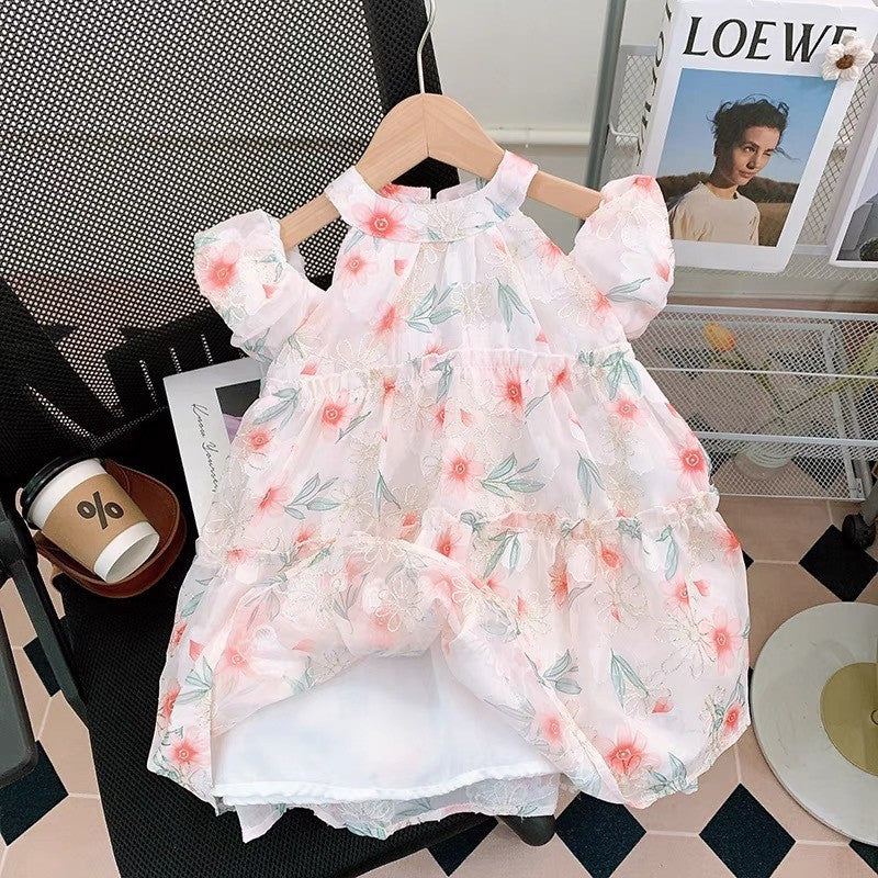 summer girls' dress: new trendy and chic mesh dress for kids, baby girl's puff sleeve princess dress