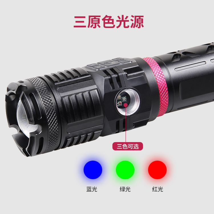 Cross-border new XHP-160 strong light intelligent power blue red green white light retractable USB charging high power flashlight