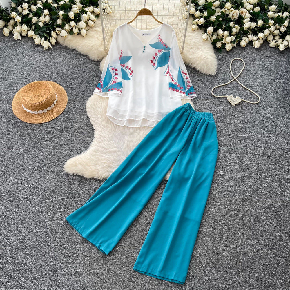 Commuting style casualprintingv necktopshigh waistloose pants women's summerslimming looktwo-piece setdrapedfashionsuit