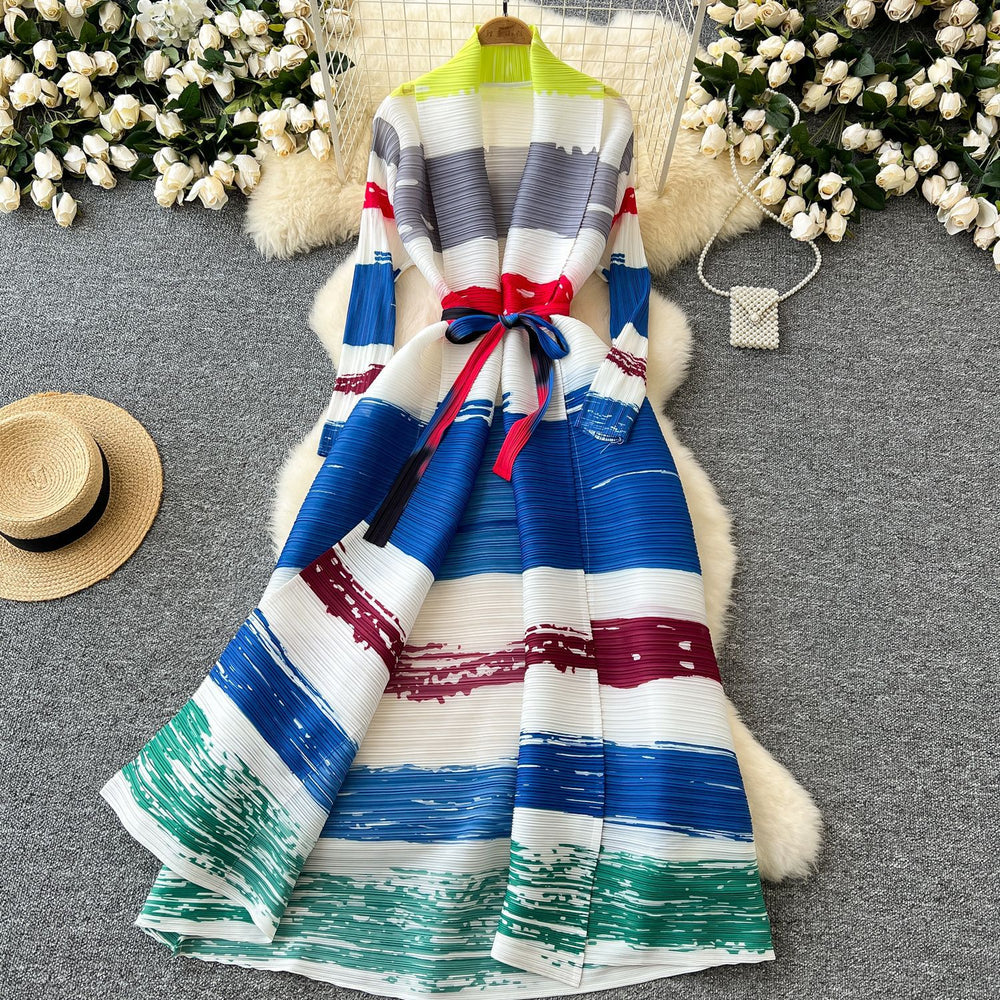 Fashion style large version dress women's fashion styleeasiest for match lapel waist strap mid-length pleated printingoutwear