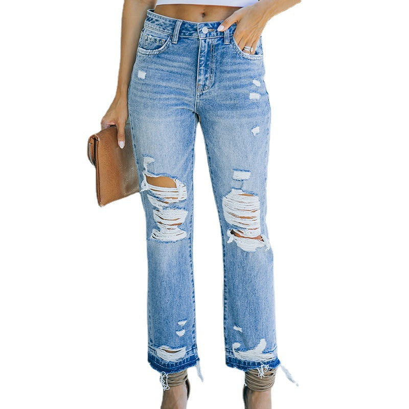 Amazon  hot selling women's jeans: european and american new style, chic commute, fashionable washed distressed straight-leg jeans