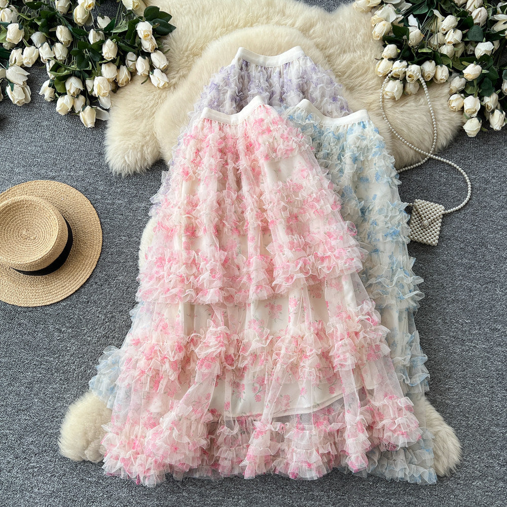 Fairy wind 3d floral mesh midi skirt - women's summer high-waisted a-line skirt - french chic, soft & versatile tulle skirt