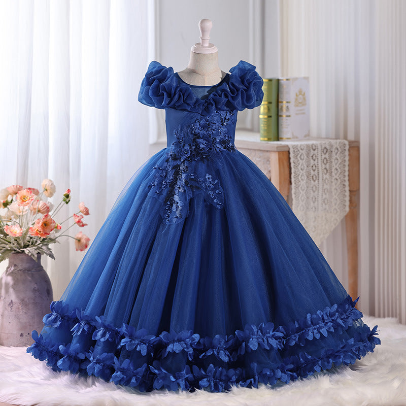 Export girl dress mesh long mesh through flower classyelegancein stock 8 to 12 years old clothing wholesale in stock