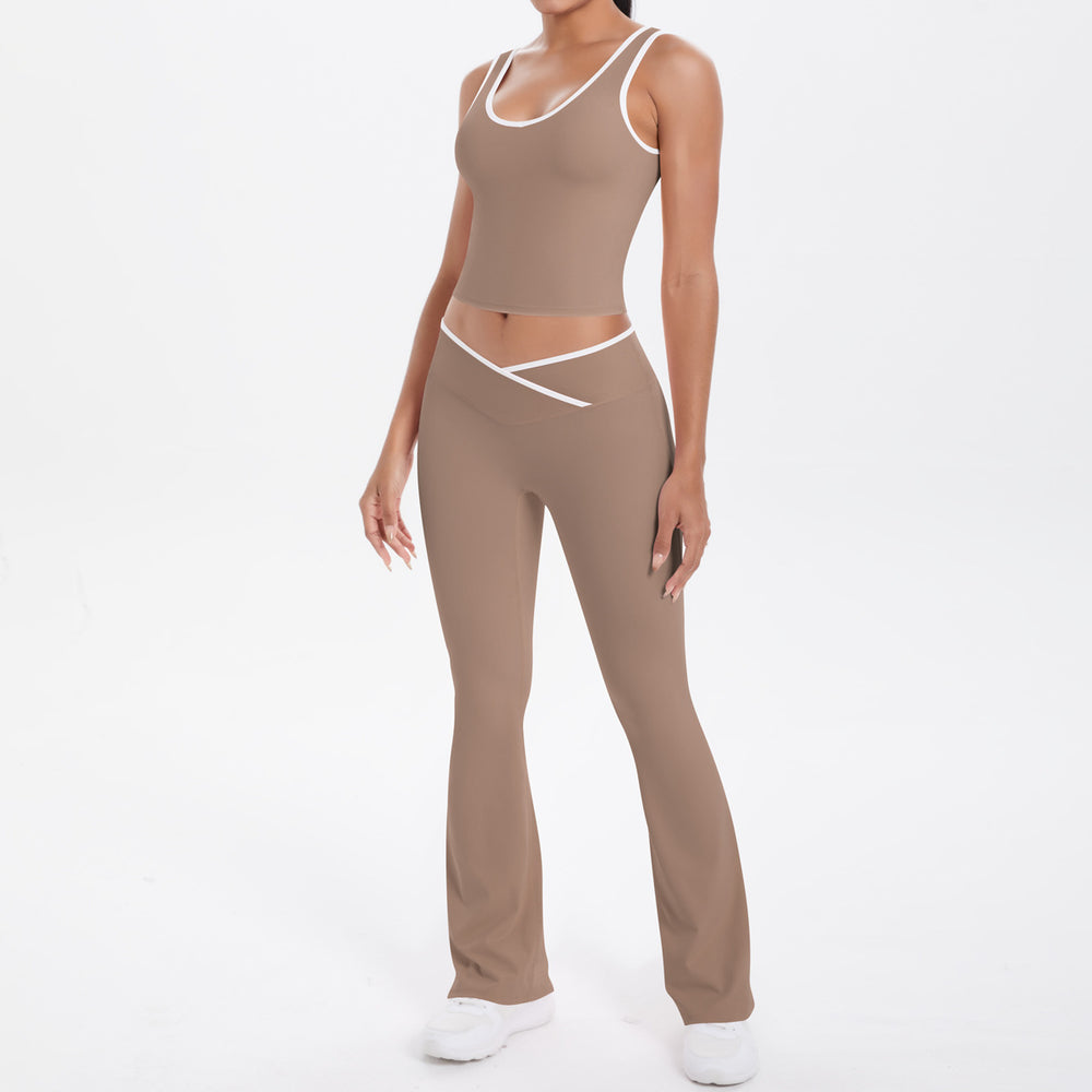 new arrival: double-sided brushed fleece color block compression yoga set - breathable, cross-back design, perfect for running and fitness (two-piece set)