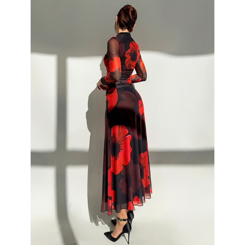 Aliexpress 1688 independent station in stock red tie-dye mesh printinglong women's dress