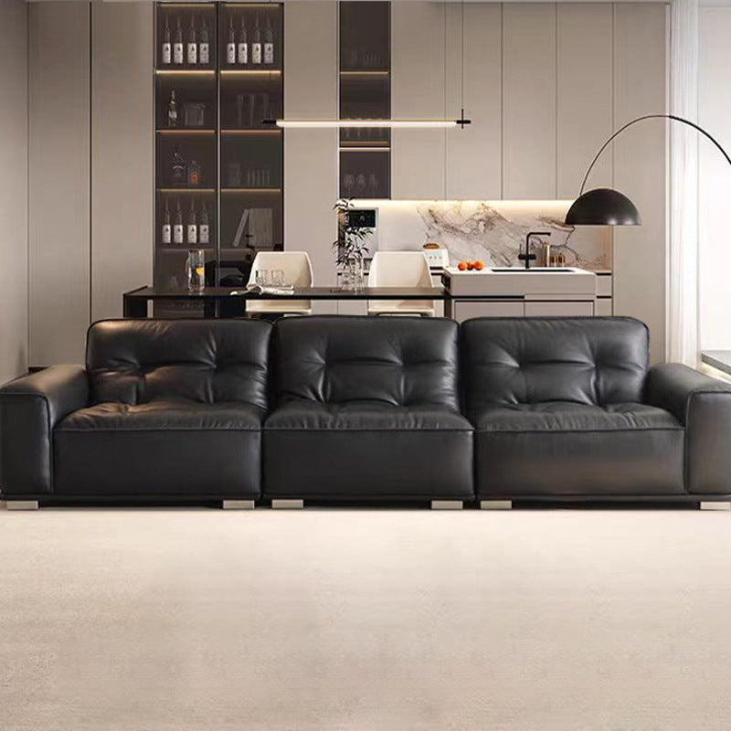 Italian minimalist genuine leather sofa, straight-row, high-end living room sofa, soft furnishings for villas, black high-end black diamond sofa