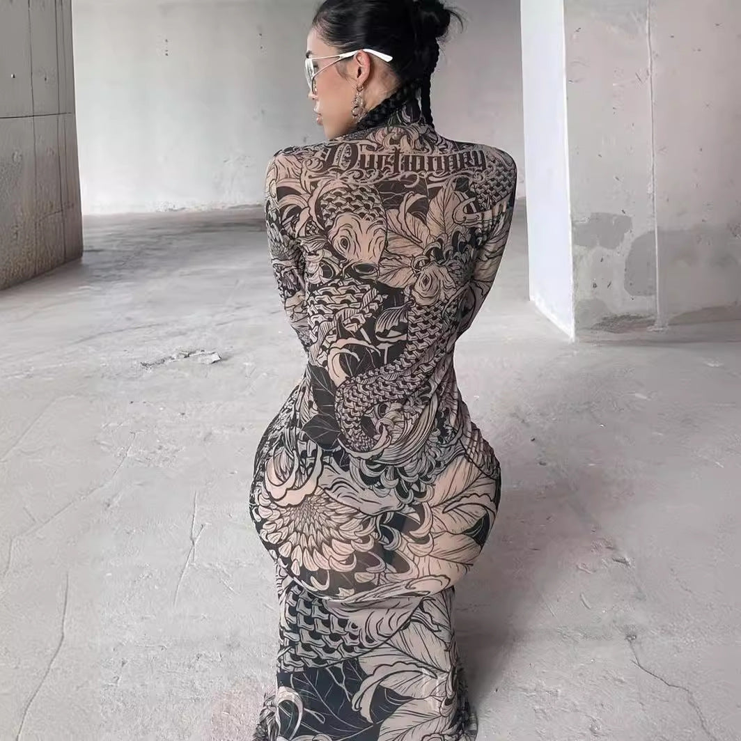 European and American  women's clothing 2023 autumn new fashion mesh printing perspective turtleneck slim and thin dress women