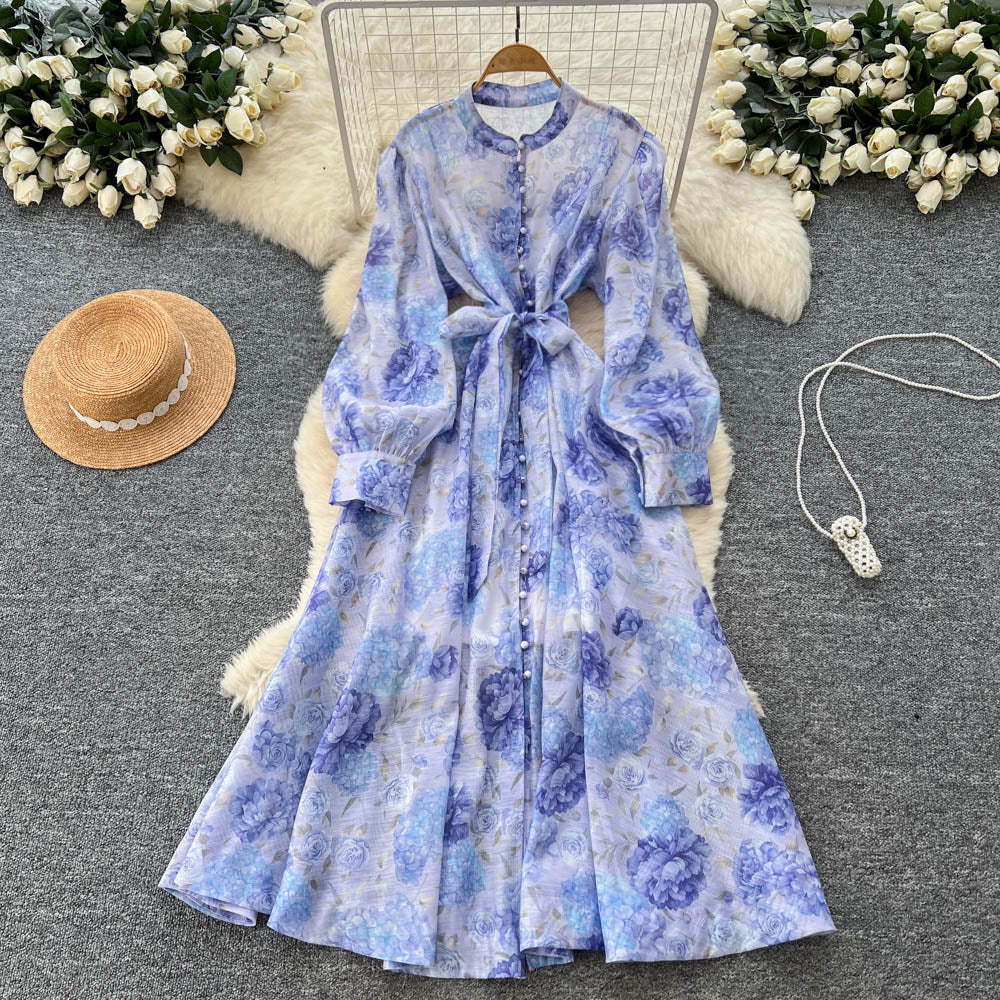 French chic elegant dress - women's autumn  collection: court style, tie-waist, slimming, single-breasted, printed maxi dress