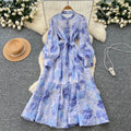 French chic elegant dress - women's autumn  collection: court style, tie-waist, slimming, single-breasted, printed maxi dress