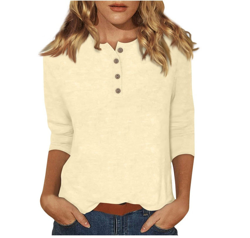 cross-border  women's fashion casual three-quarter sleeve solid color button-down crew neck t-shirt top