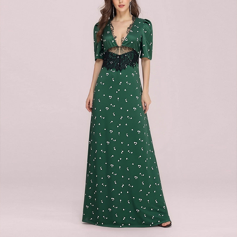 cross-border european and american women's summer fashion: new elegant satin lace patchwork v-neck hollow-out polka dot dress