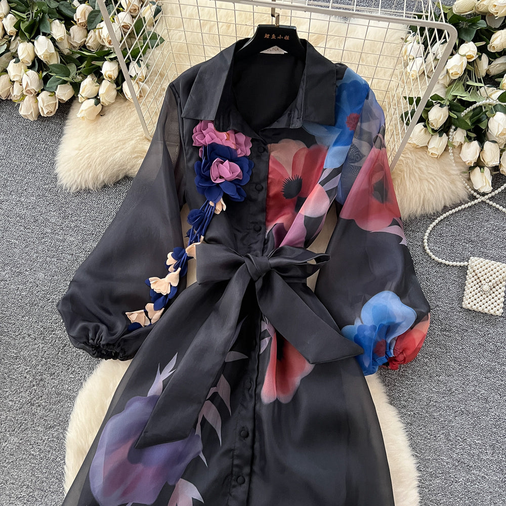 French court style dress - women's high-end tie-waist lantern sleeve printed single-breasted mesh elegant maxi dress