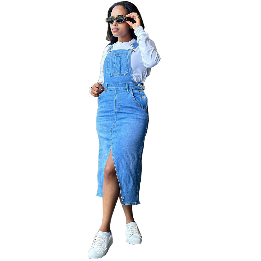 European and american style straight-leg overalls dress -  cross-border women's fashion streetwear - large pocket slit denim skirt