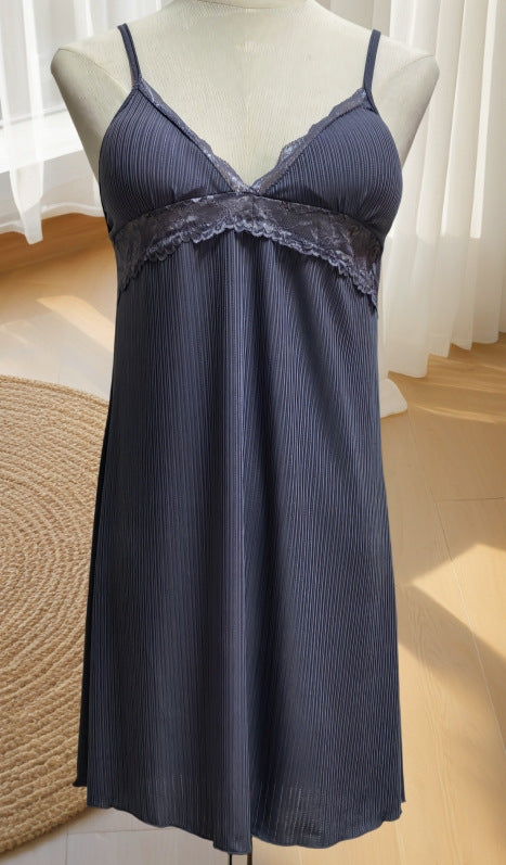 Lace suspender nightgown nightgown for women in summer with breast pads thin pure lust style women's suspender pajamas outwear ice silk