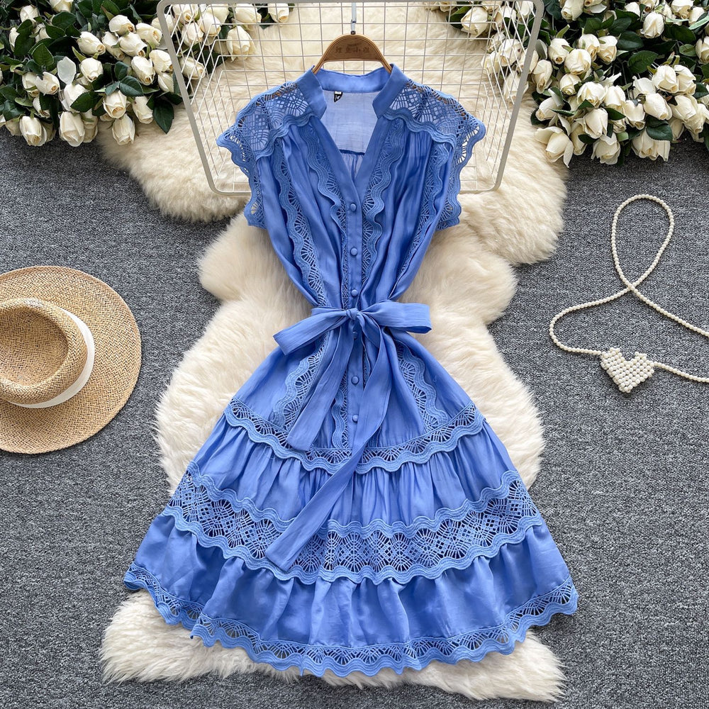 European and american light luxury sleeveless midi dress for women - summer mesh hollow-out crochet lace-up waist - sophisticated mid-length dress