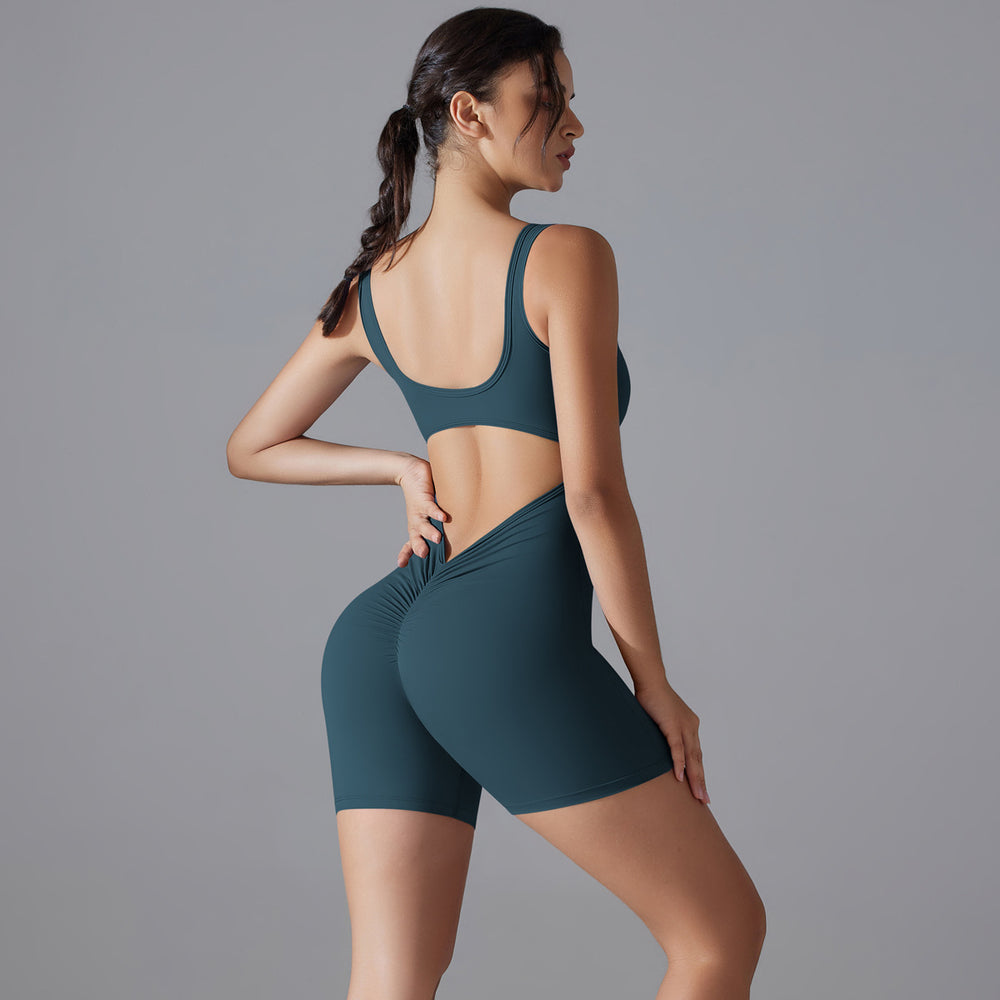 New double-sided nylon seamless high-stretch peach lift solid color v-waist bodycon shorts bodysuit yoga outfit