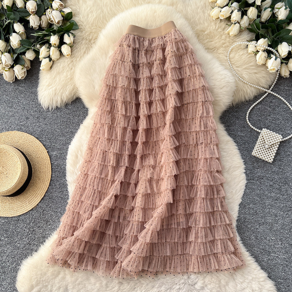 Fairy style high waist mesh patchwork cake skirt for women spring layered fluffy skirt slimming lookeasiest for matcha-line long skirt