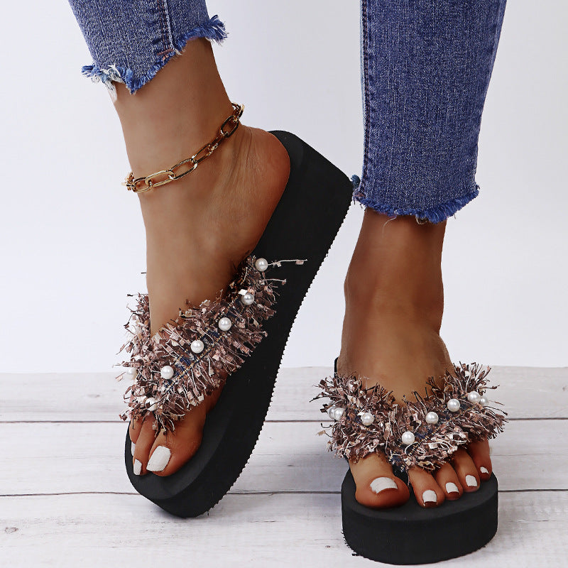 2024 summer new european and american style tassel open-toe pearl flip-flops flat sandals women's wholesale foreign trade shoes wish plus size