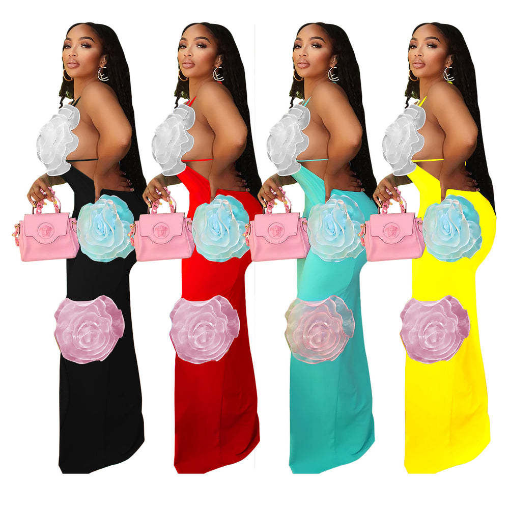 C7048 cross-border   independent station fashion women's solid color floral dress long dress new