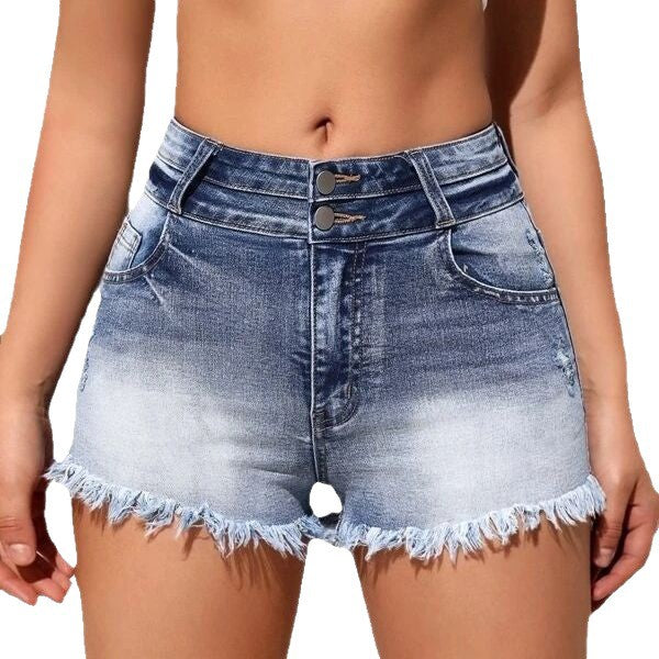 trendy distressed frayed hem women's jeans - hot selling new high-waisted versatile denim shorts