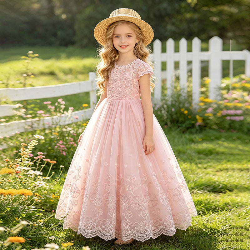 Amazon kids lace patchwork dress flower girl wedding dress short sleeve girls princess dress cross-border ready stock wholesale