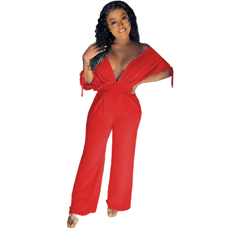 Spring/summer hot seller: european and american cross-border women's fashion -  style sexy solid color drawstring short sleeve loose wide leg jumpsuit