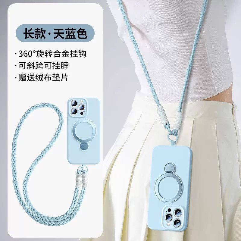 Rotating magnetic lanyard stand compatible with apple iphone 17 pure color liquid silicone case, iphone 15 pro max full coverage