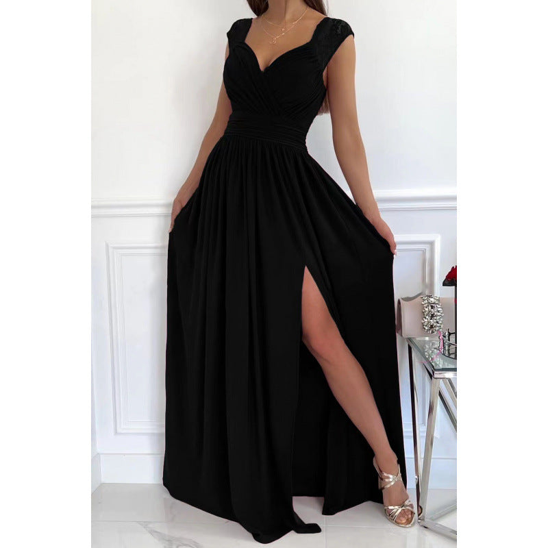independent station  hot style sleeveless lace hem slit european and american women's dress